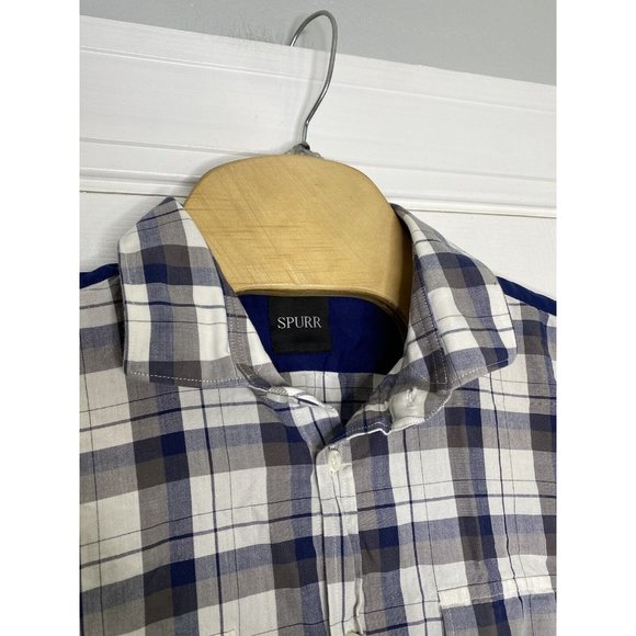 Simon Spurr Mens Double Breasted Button Front Shirt Blue White Brown Plaid Large - Picture 4 of 8